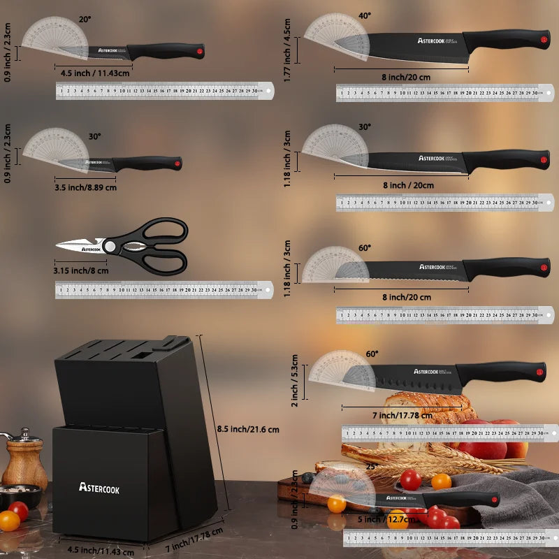 Knife Set with Sharpener Block - German Stainless Steel, Dishwasher Safe Kitchen Knife