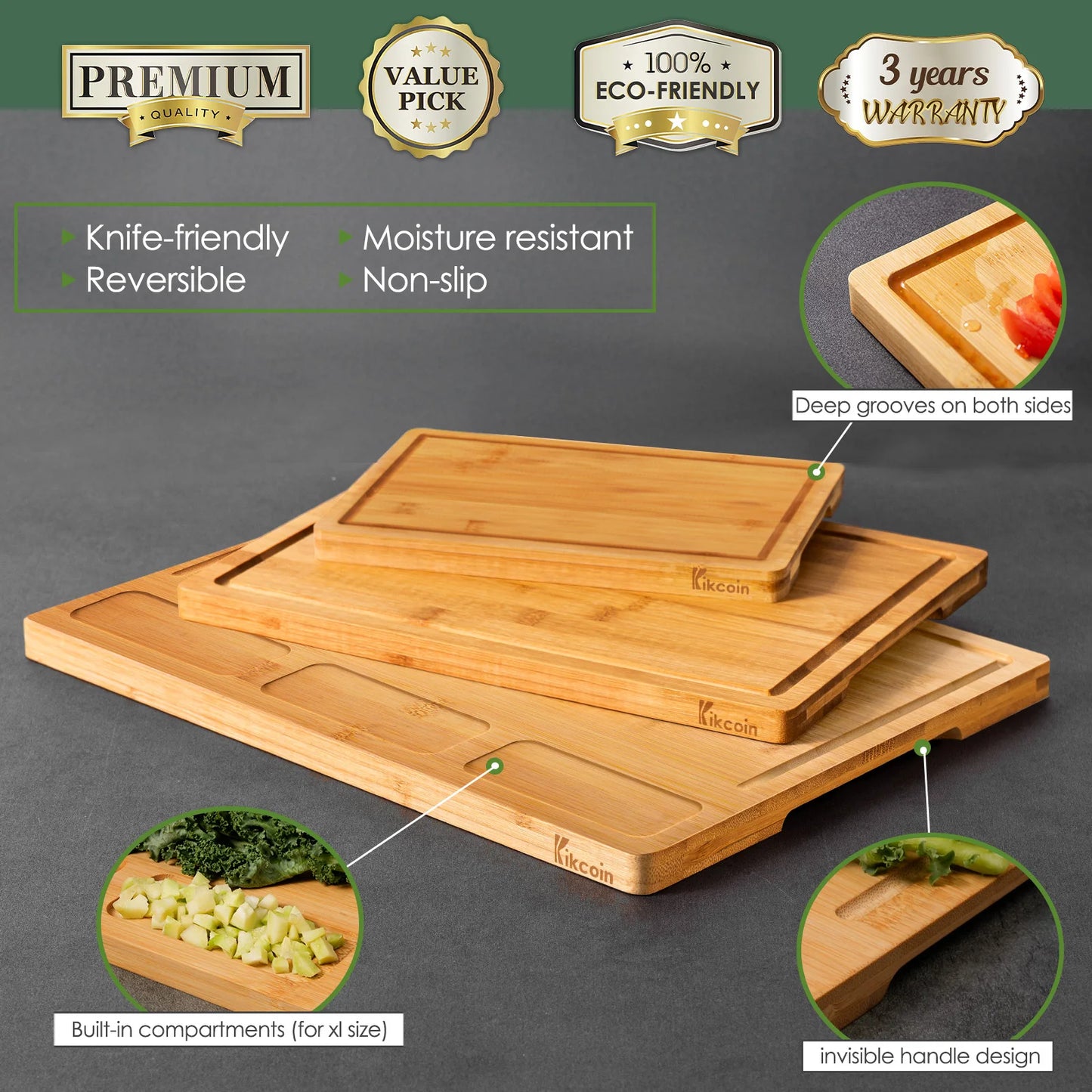 Kitchen Cutting Board Set, Bamboo Compartments and Juice Groove