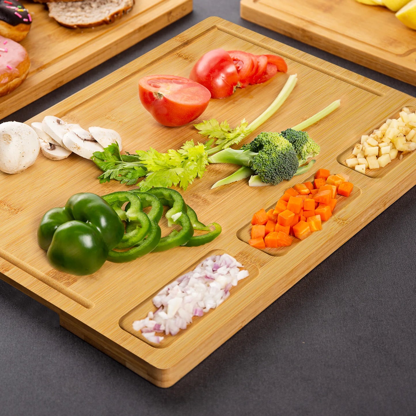 Kitchen Cutting Board Set, Bamboo Compartments and Juice Groove