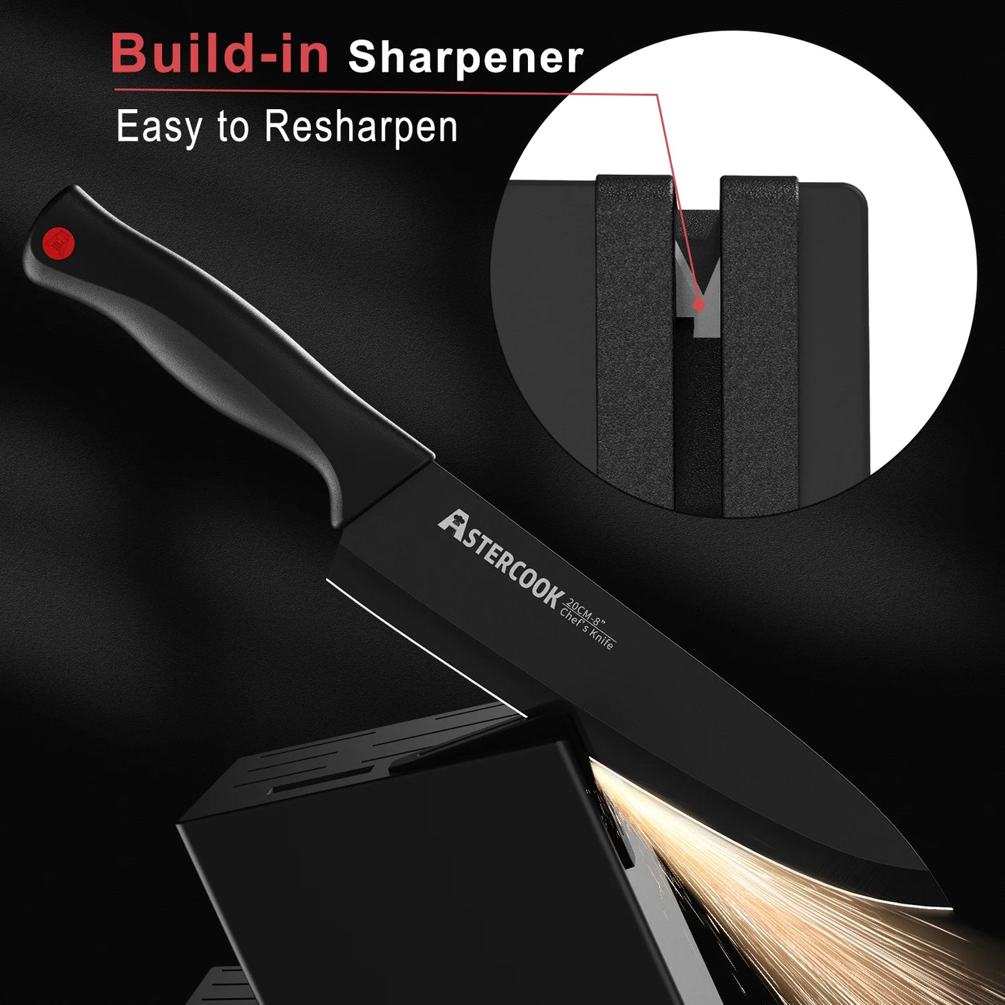 Knife Set with Sharpener Block - German Stainless Steel, Dishwasher Safe Kitchen Knife