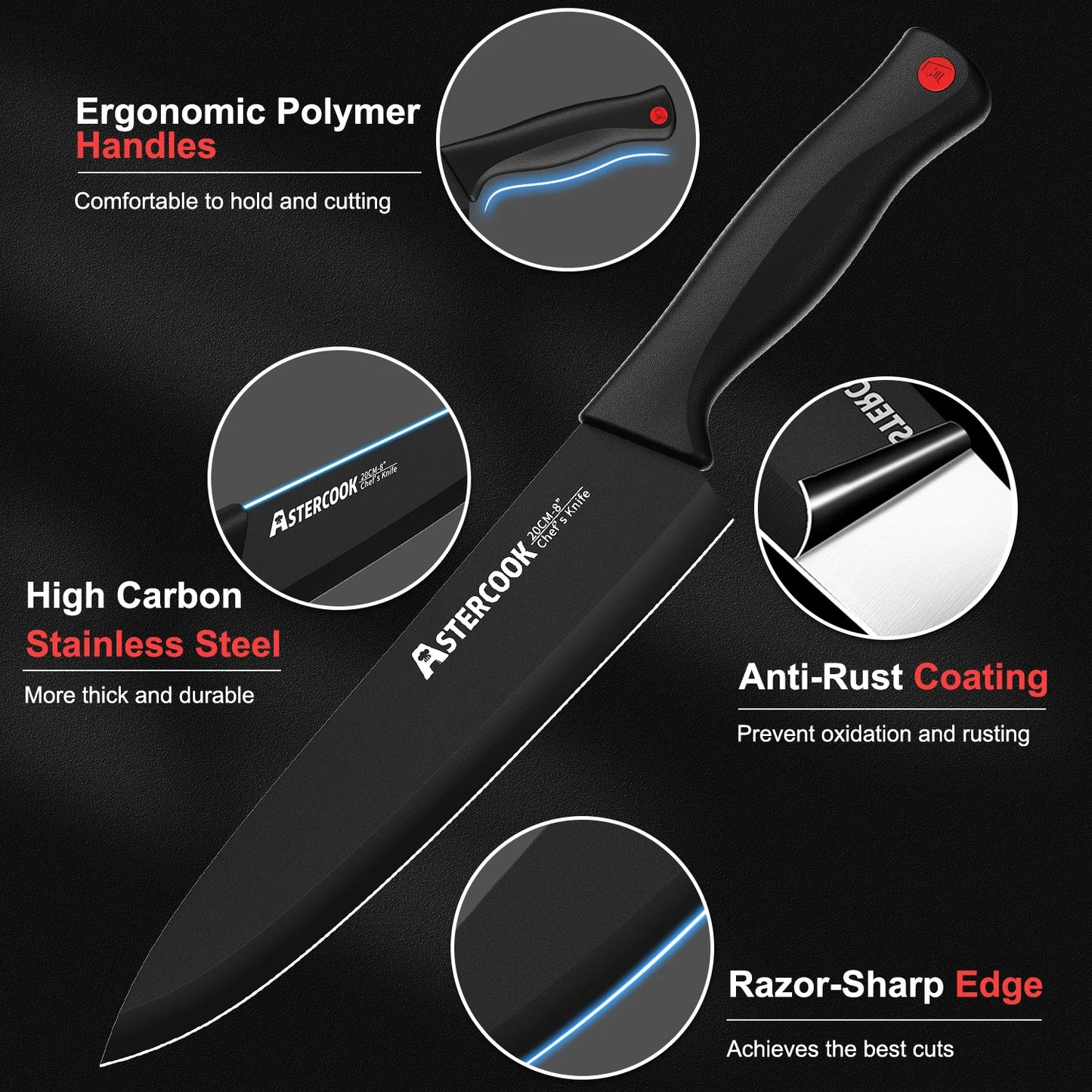 Knife Set with Sharpener Block - German Stainless Steel, Dishwasher Safe Kitchen Knife