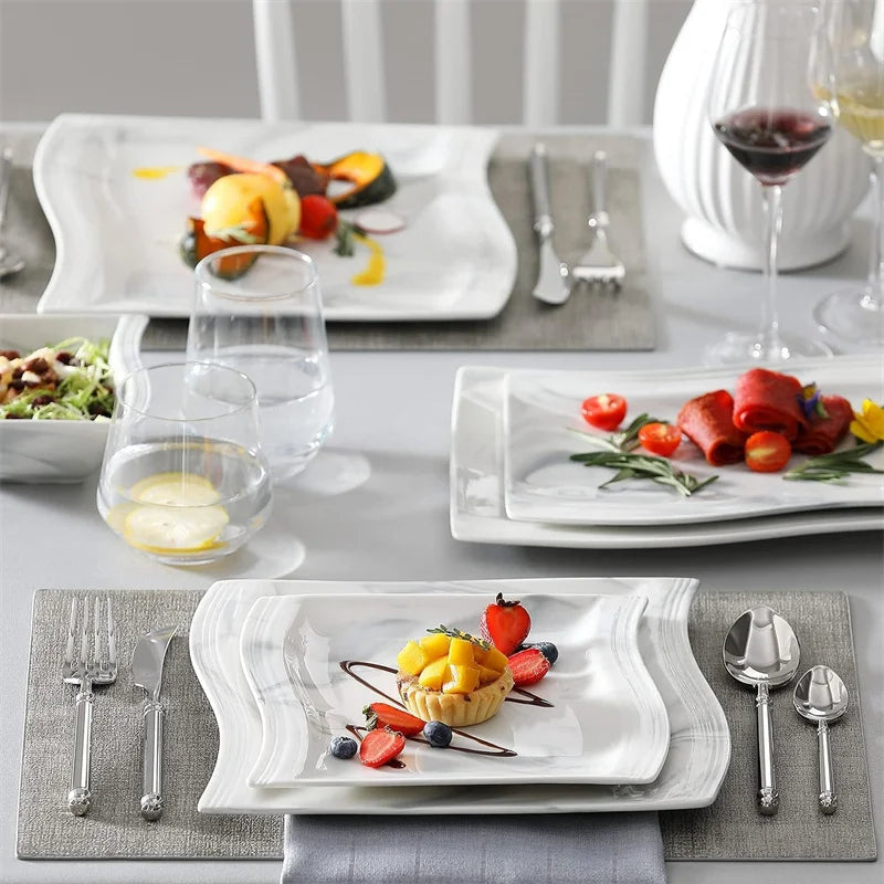 Nordic Marble Pattern Porcelain Plates and Bowls Square Dinnerware Set Ceramic