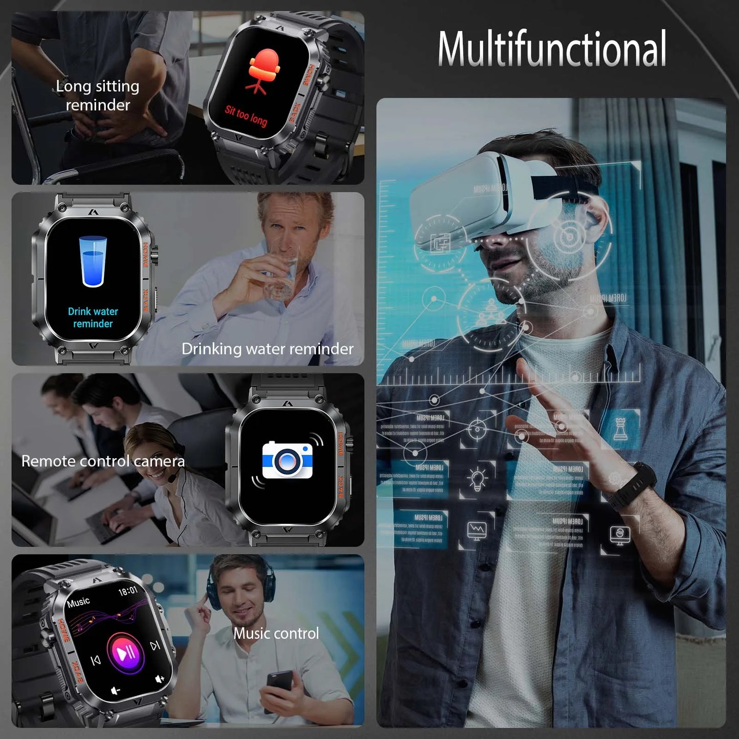 Waterproof Men Military Watch Heart Rate Blood Pressure Blood Oxygen
