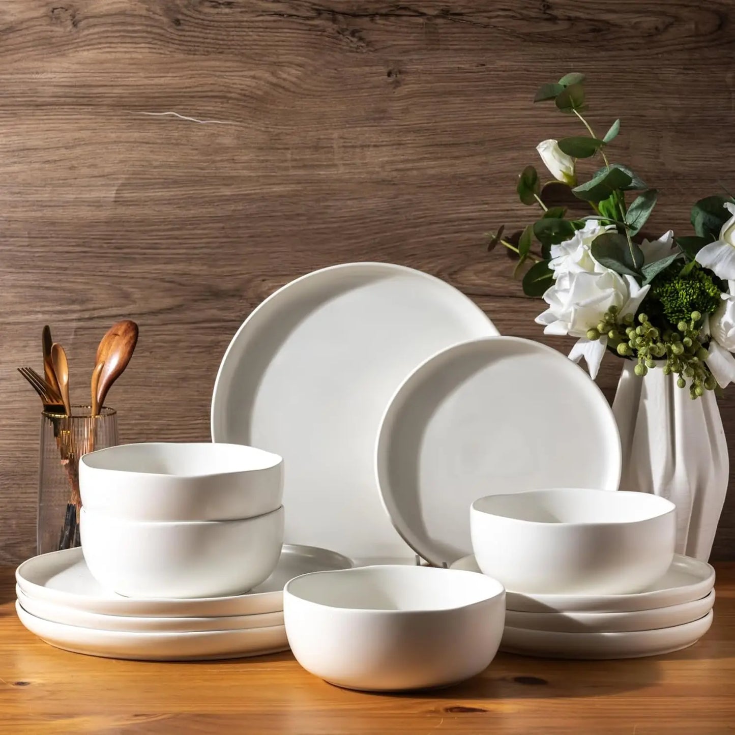 Ceramic Dinnerware Sets,Handcraft Wavy Rim Stoneware Plates and Bowls Sets,Crack Resistant