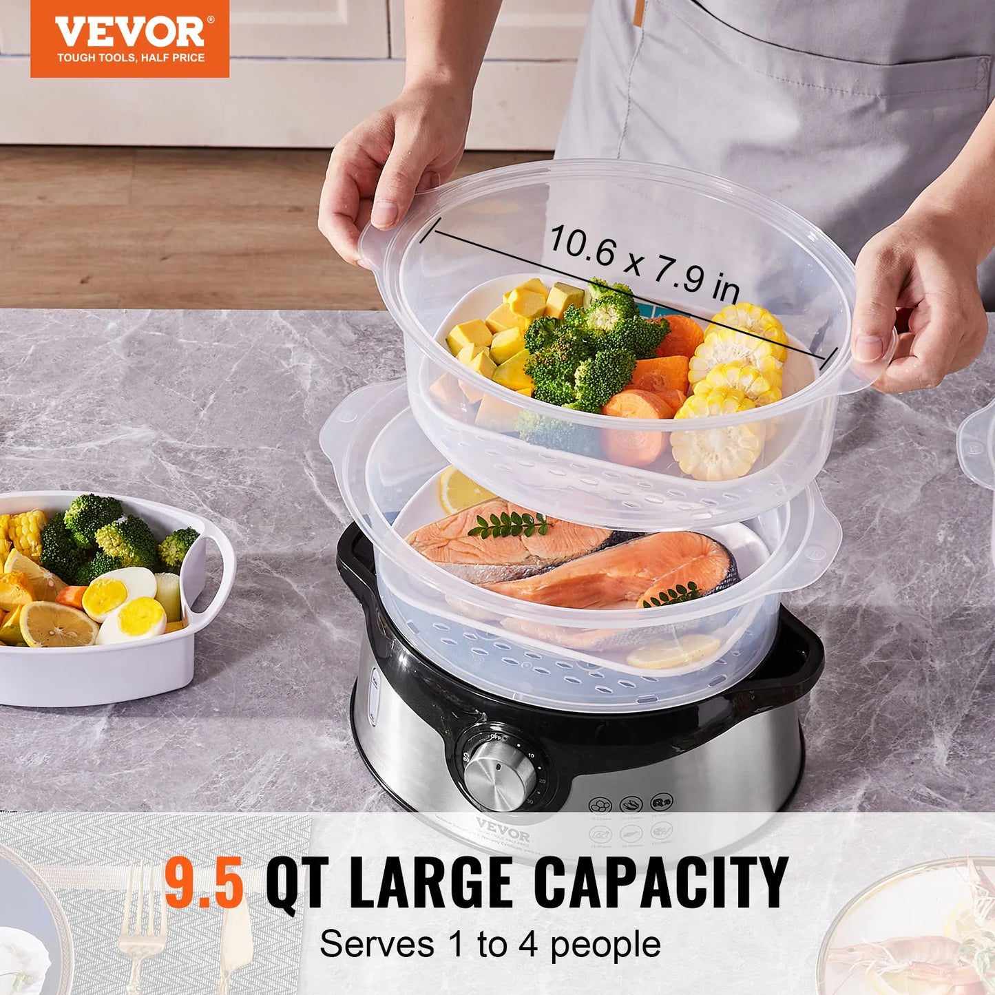 Electric Vegetable Food Steamer with Trays Auto Shut-Off and Boil Dry Protection