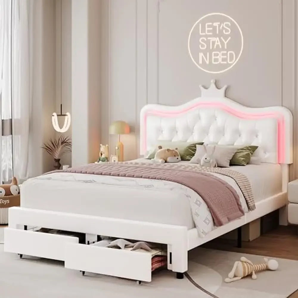 Queen Bed Frame with Storage Crown Crystal Button Tufted Princess Platform Modern White