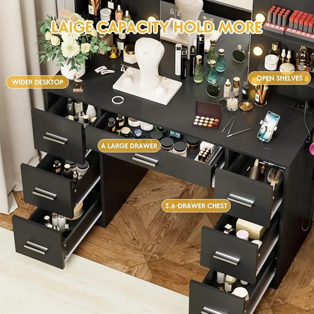 Vanity Desk with LED Lighted Mirror&Power Outlet 3 Model Lights Makeup Table