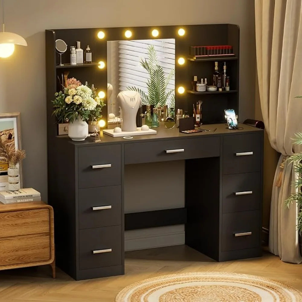 Vanity Desk with LED Lighted Mirror&Power Outlet 3 Model Lights Makeup Table