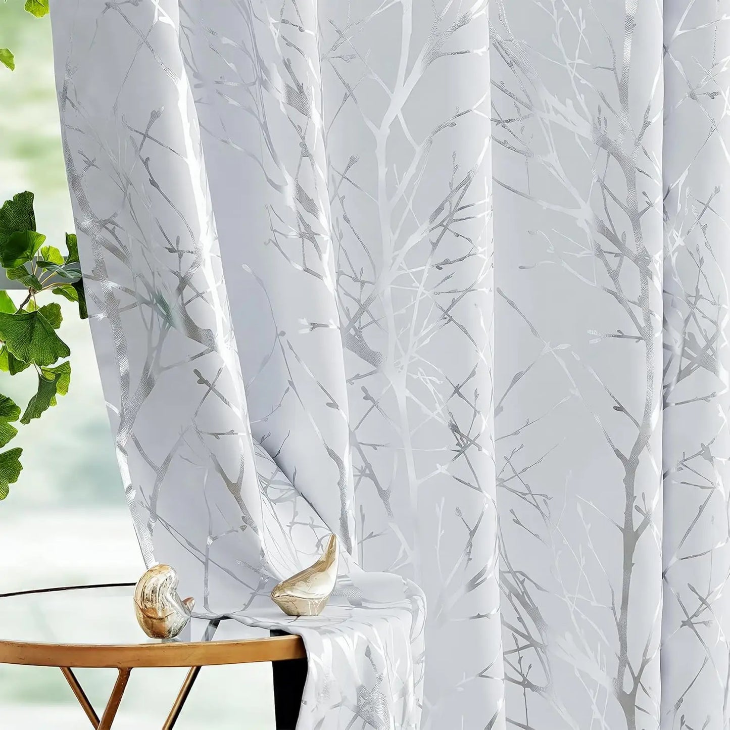 Blackout Curtains White Gold Tree for Living Room, 84 Inches Long Panels