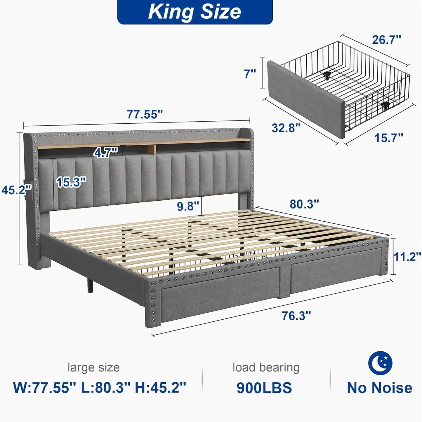 King Size Bed Frame with Storage and Headboard, with 2 Draw