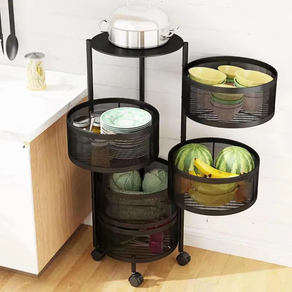 Kitchen Cart, Circular Rotating Basket, Large Storage Rack with Wheels, Fruit Vegetable