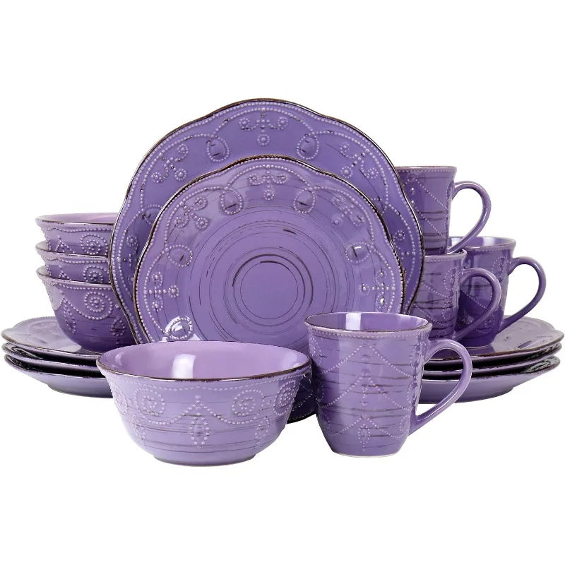 Rustic Birch 16 Piece Stoneware Dinnerware Set in Purple, Purple with Brown Accents