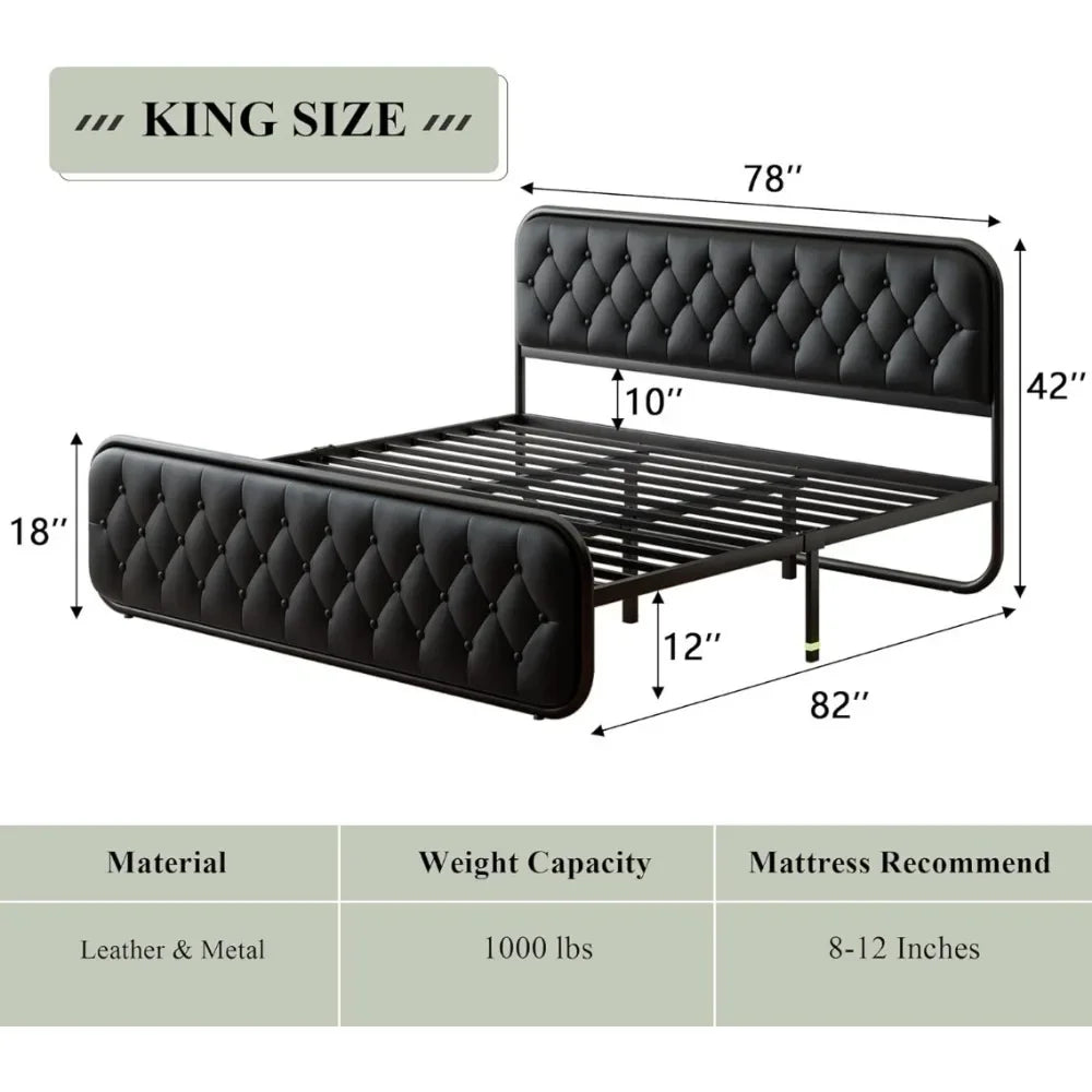 King Size Bed Frame Heavy Duty Leather Headboard Bedroom Furniture 12"