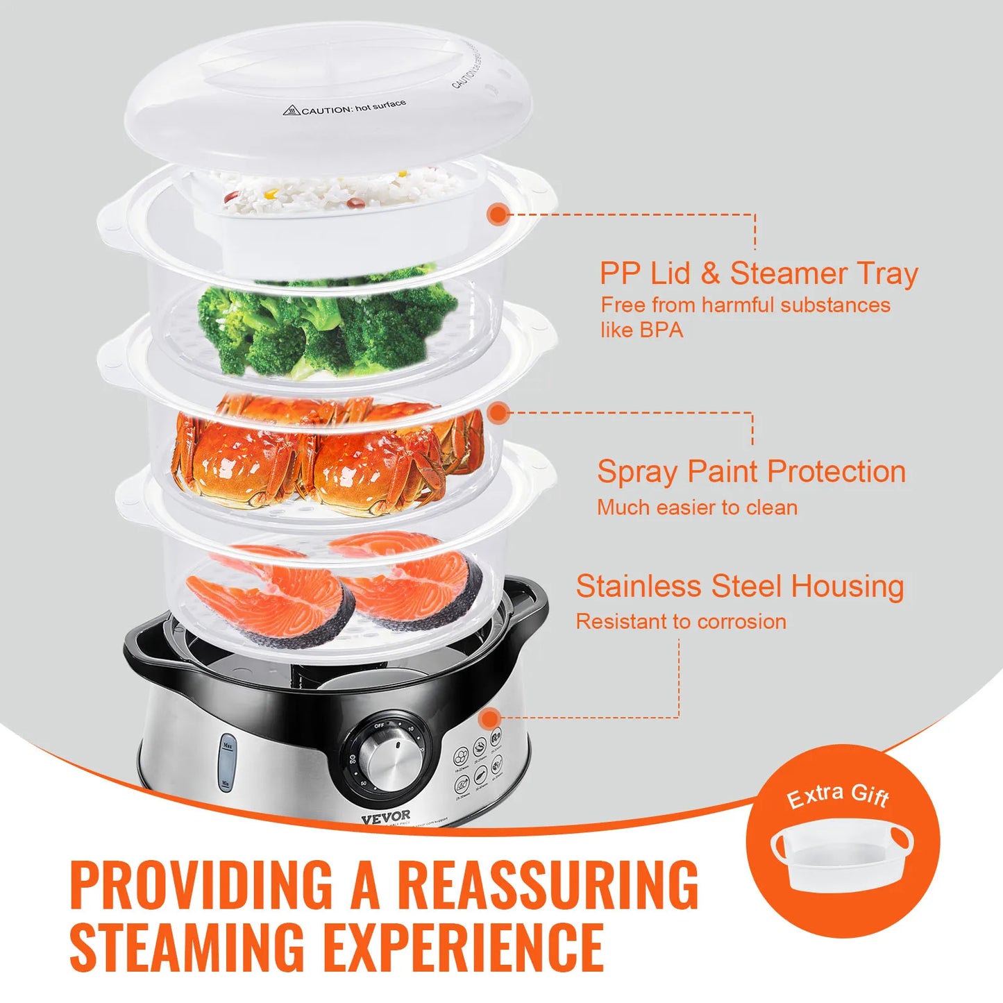 Electric Vegetable Food Steamer with Trays Auto Shut-Off and Boil Dry Protection