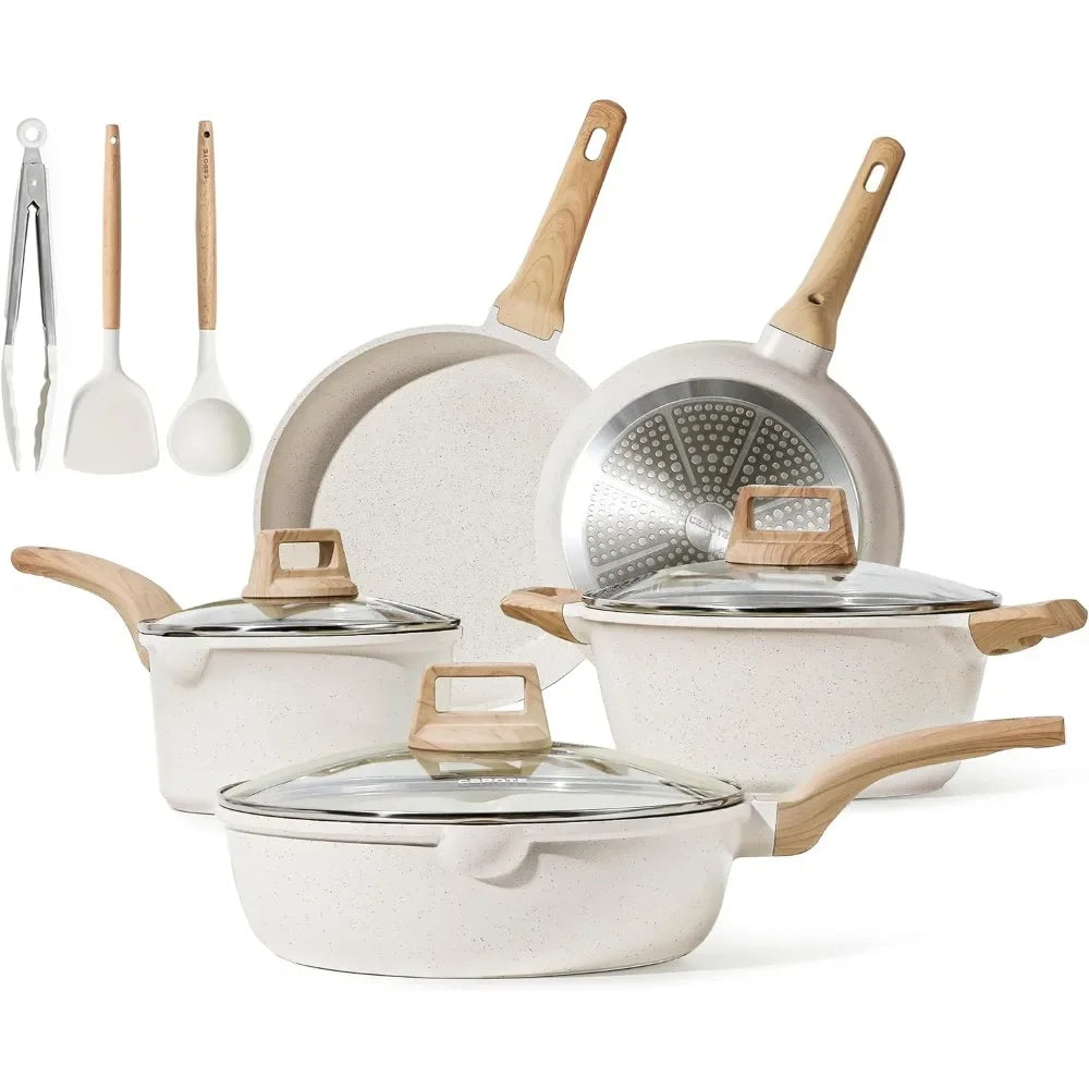 Pots and Pans Set Nonstick, White Granite Kitchen Cookware Sets.