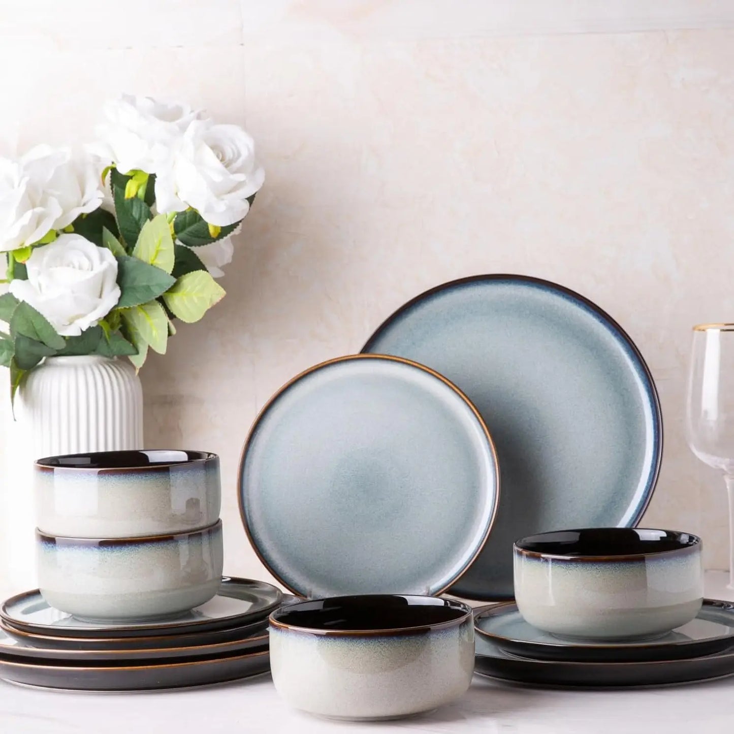 Ceramic Dinnerware Sets, Plates and Bowls,Handmade Reactive Glaze Dishes Set