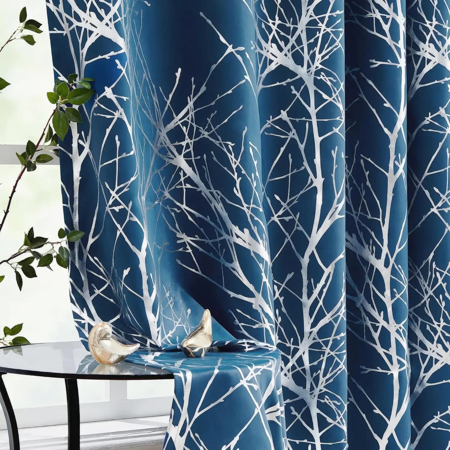 Blackout Curtains White Gold Tree for Living Room, 84 Inches Long Panels
