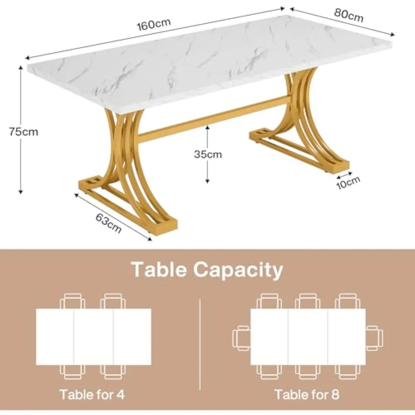 Rectangular Dining Table Modern Kitchen with Stylish Metal Legs, Large Dinner Tables for Dining Room