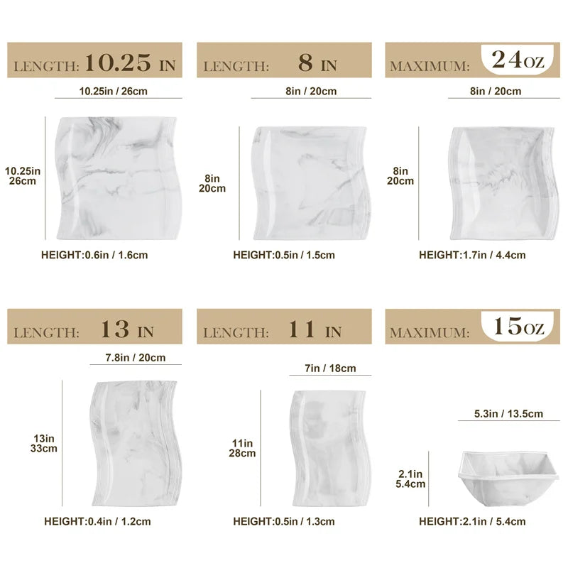 Nordic Marble Pattern Porcelain Plates and Bowls Square Dinnerware Set Ceramic