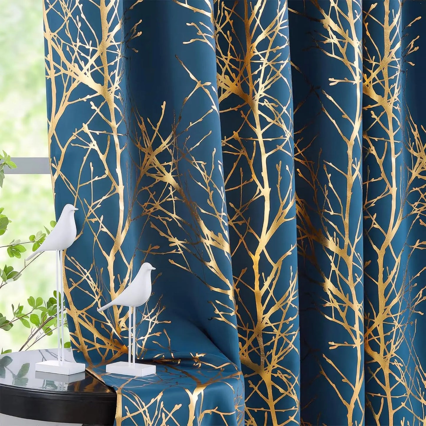 Blackout Curtains White Gold Tree for Living Room, 84 Inches Long Panels
