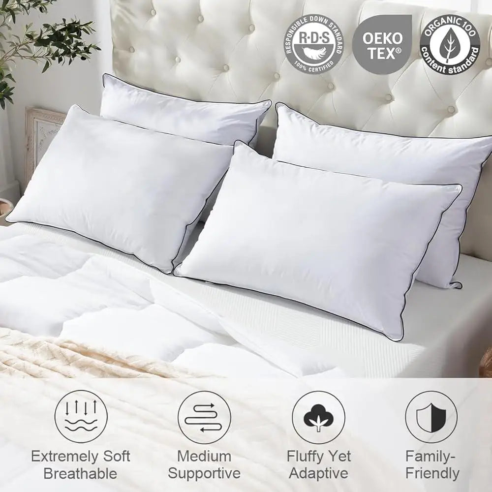 Medium Firm Down Feather Pillow Set King Size Luxury Organic Cotton Cover