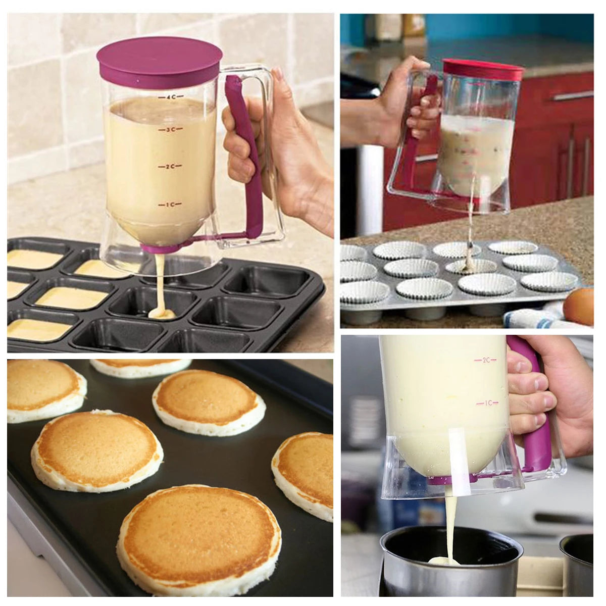 Batter Separator Pancake Dispenser with Measuring Label and Squeeze Handle.