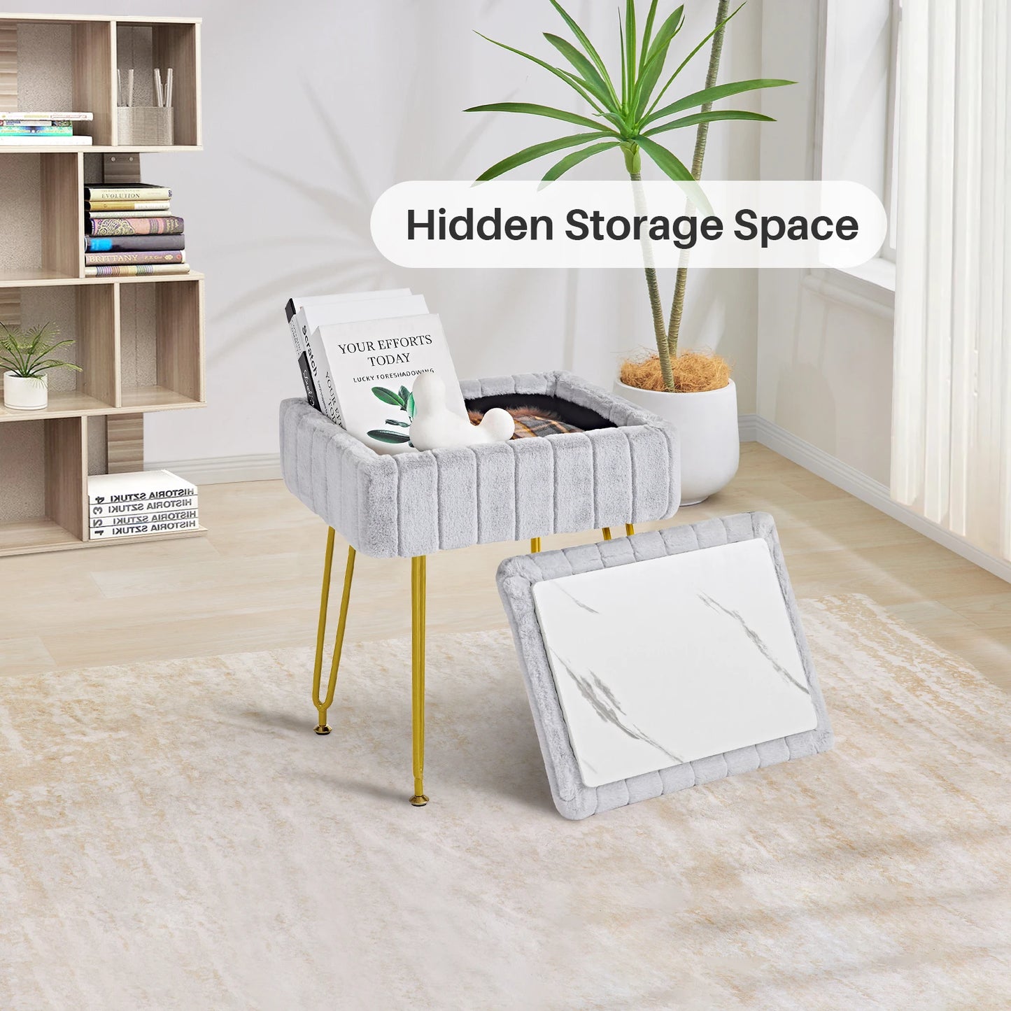 Vanity Stool Chair w/ Storage Ottoman, Feet for Makeup Bedroom