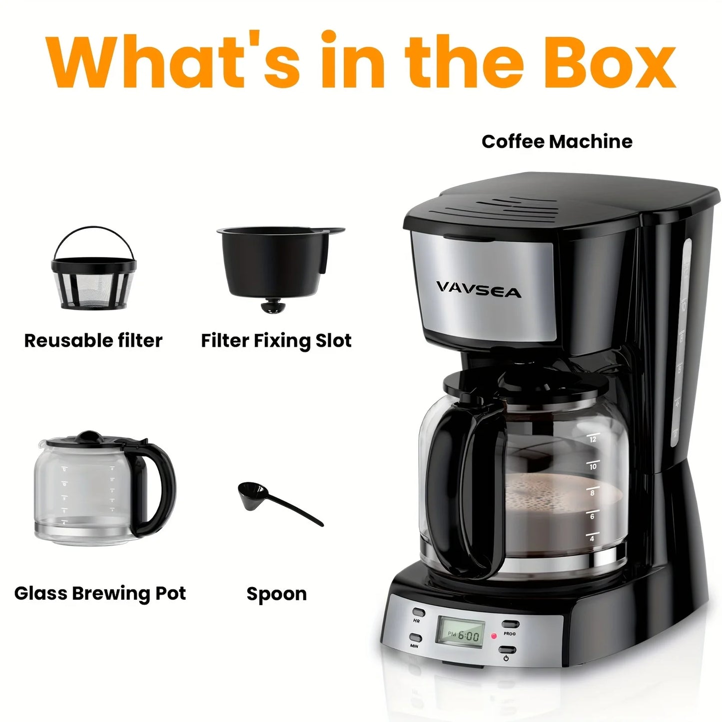 Drip Coffeemaker with Glass Carafe, Auto Shut off, for Home Black