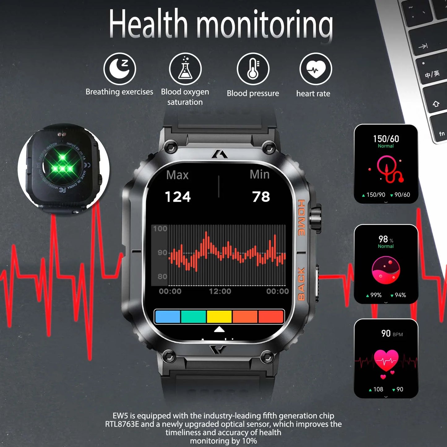 Waterproof Men Military Watch Heart Rate Blood Pressure Blood Oxygen