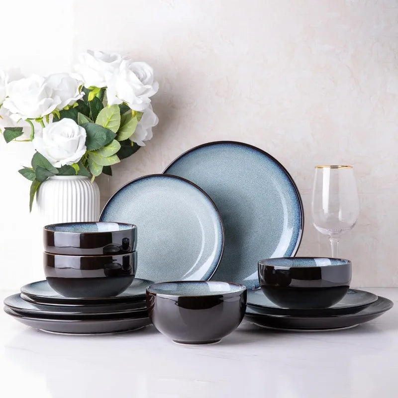 Ceramic Dinnerware Sets,Handcraft Wavy Rim Stoneware Plates and Bowls Sets,Crack Resistant
