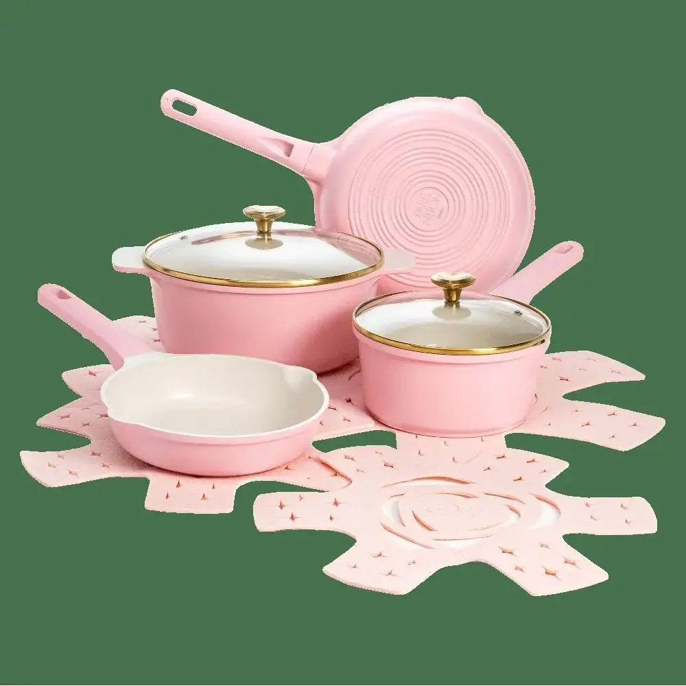 Heart Knob Aluminum Nonstick Cookware Set Pink Glass Lid Protectors