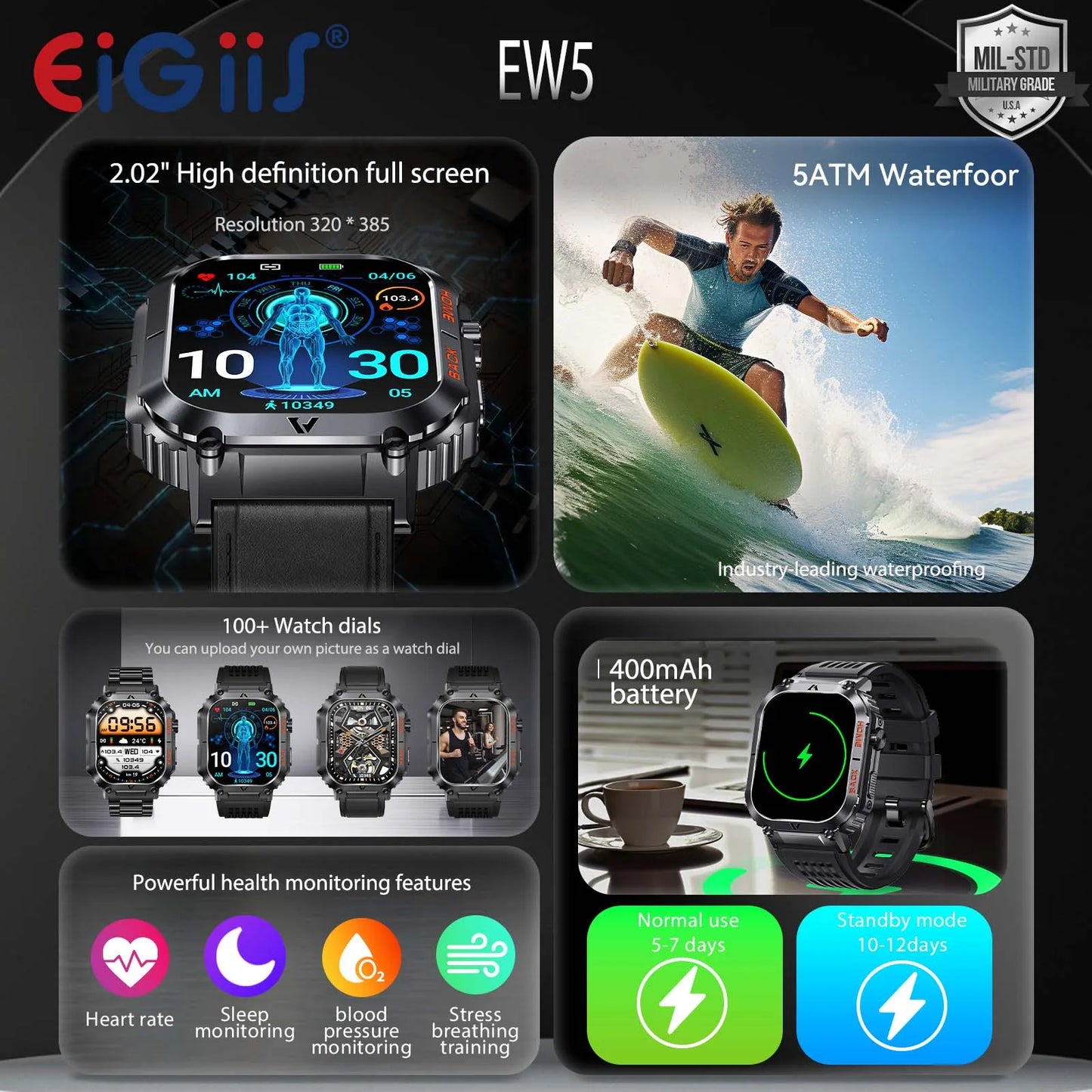 Waterproof Men Military Watch Heart Rate Blood Pressure Blood Oxygen