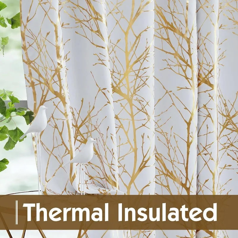 Blackout Curtains White Gold Tree for Living Room, 84 Inches Long Panels