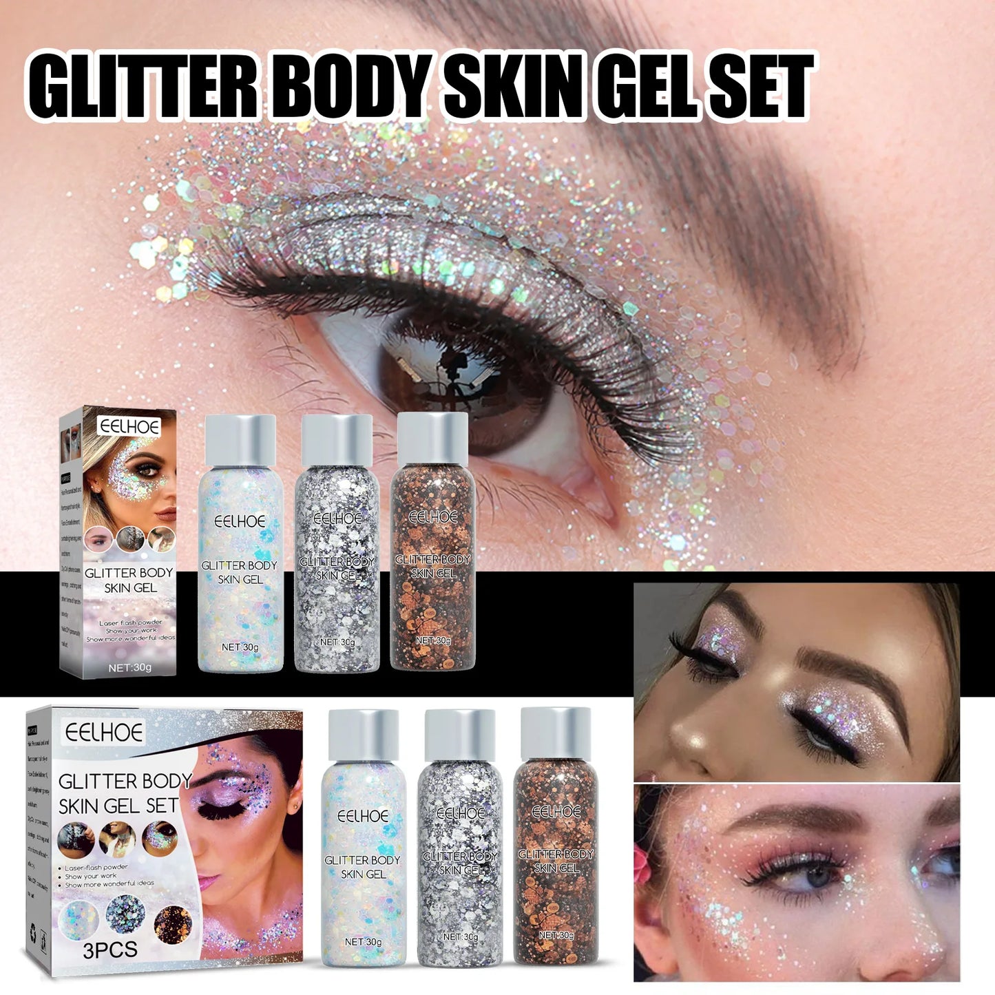 Body Glitter Gel Sequins Long Acting Face Eyes Hair Prom Party Mermaid