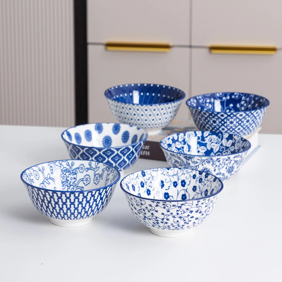 Blue and White Porcelain Bowls Premium Japanese-Style Ceramic Bowl Set .