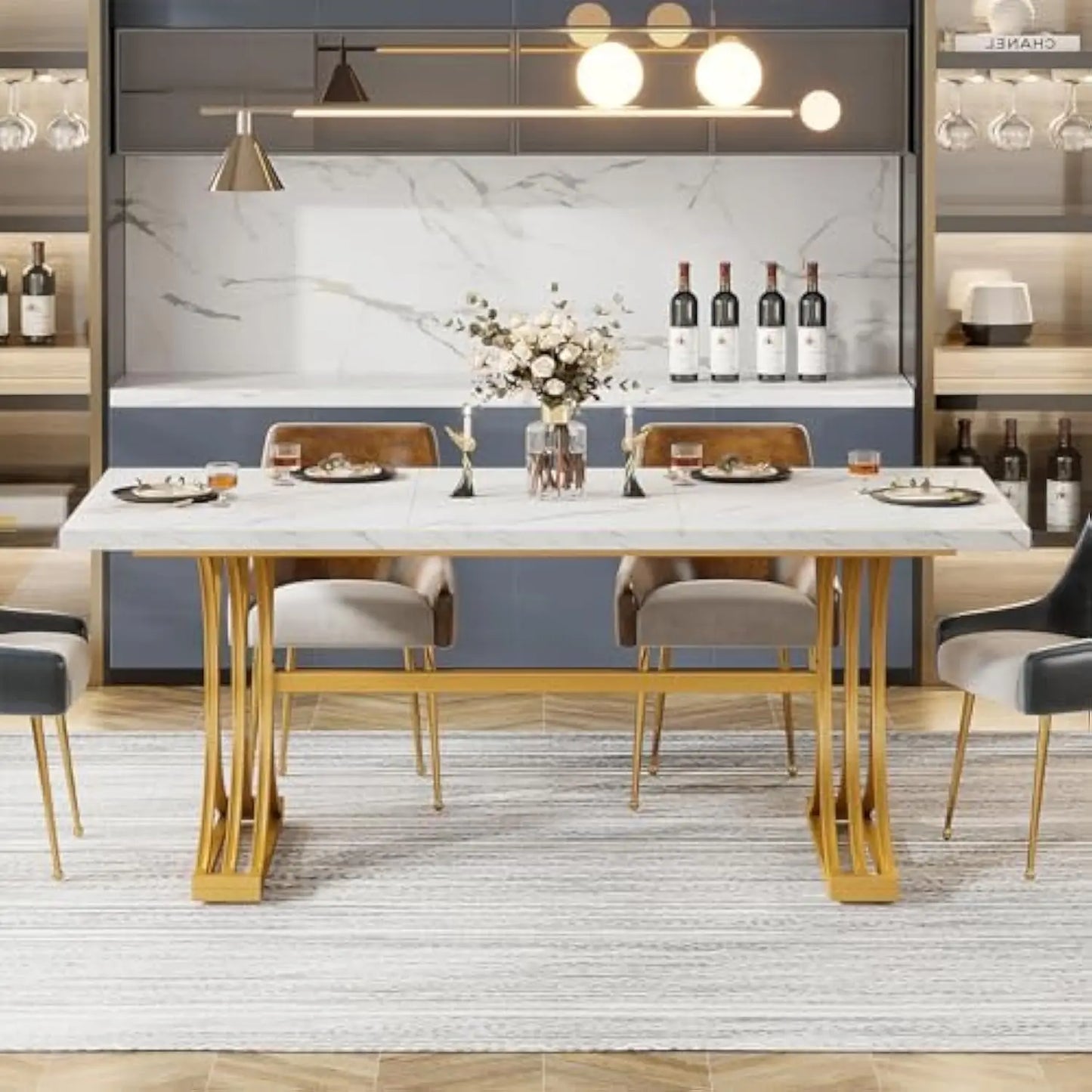 Rectangular Dining Table Modern Kitchen with Stylish Metal Legs, Large Dinner Tables for Dining Room