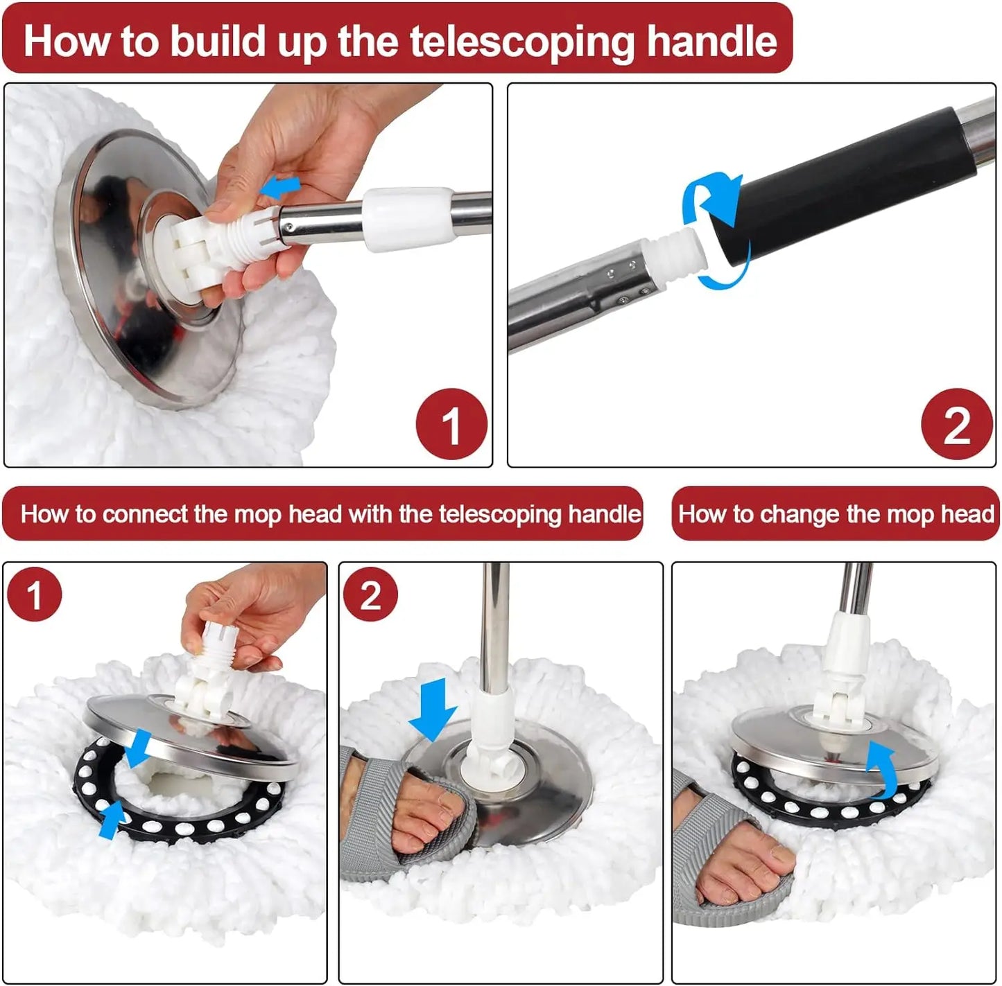 Spin Mop Bucket Sets with Wring System Microfiber Heads, Stainless
