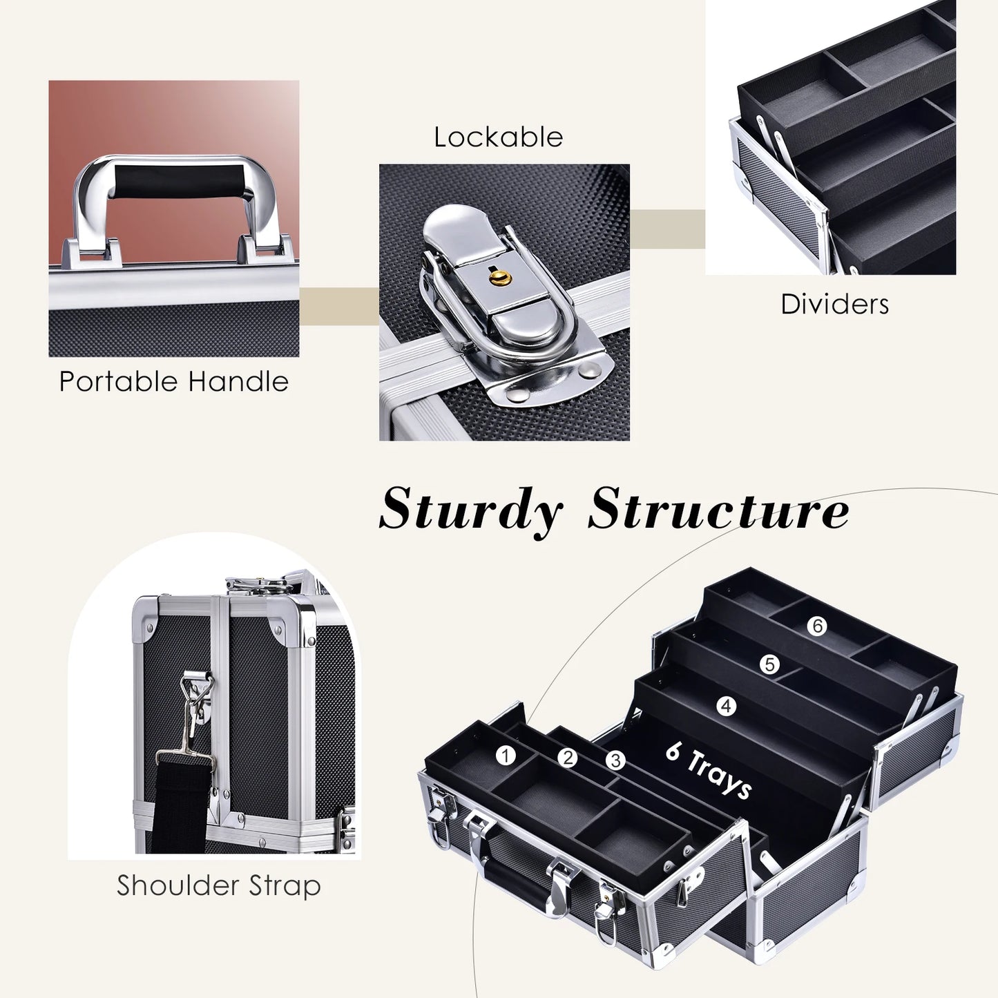 Train Case Extra Large Organizer Box 6 Trays with Shoulder Strap Travel Make Up