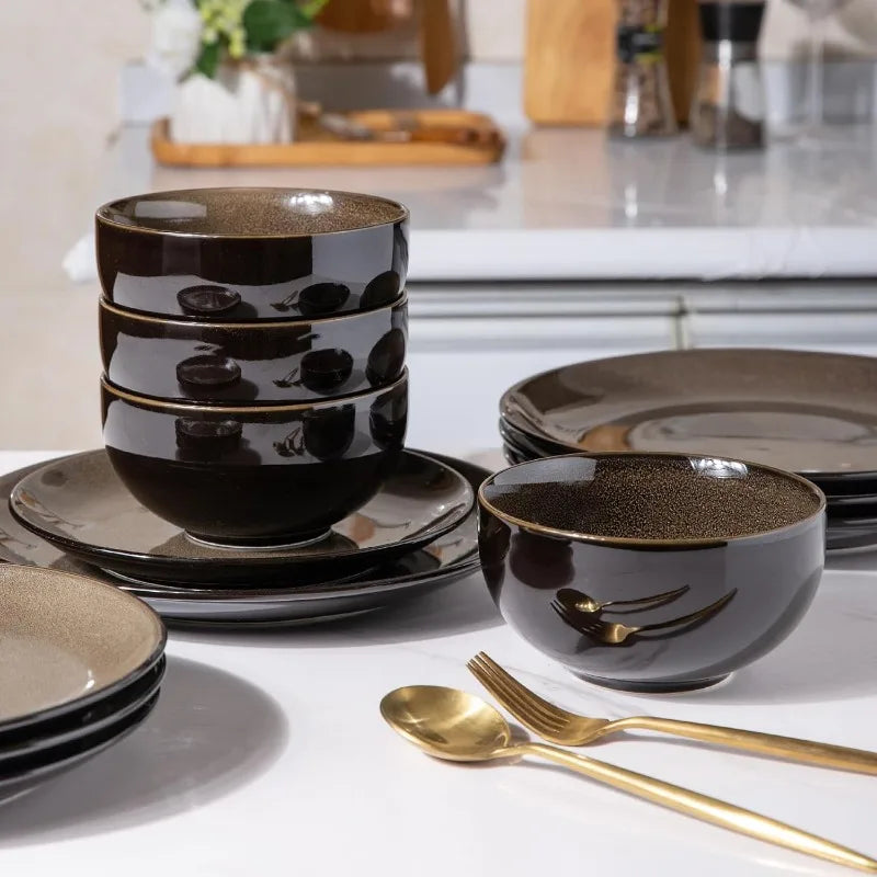 Ceramic Dinnerware Sets,Handcraft Wavy Rim Stoneware Plates and Bowls Sets,Crack Resistant