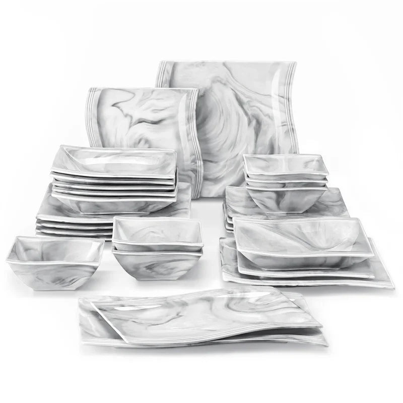 Nordic Marble Pattern Porcelain Plates and Bowls Square Dinnerware Set Ceramic