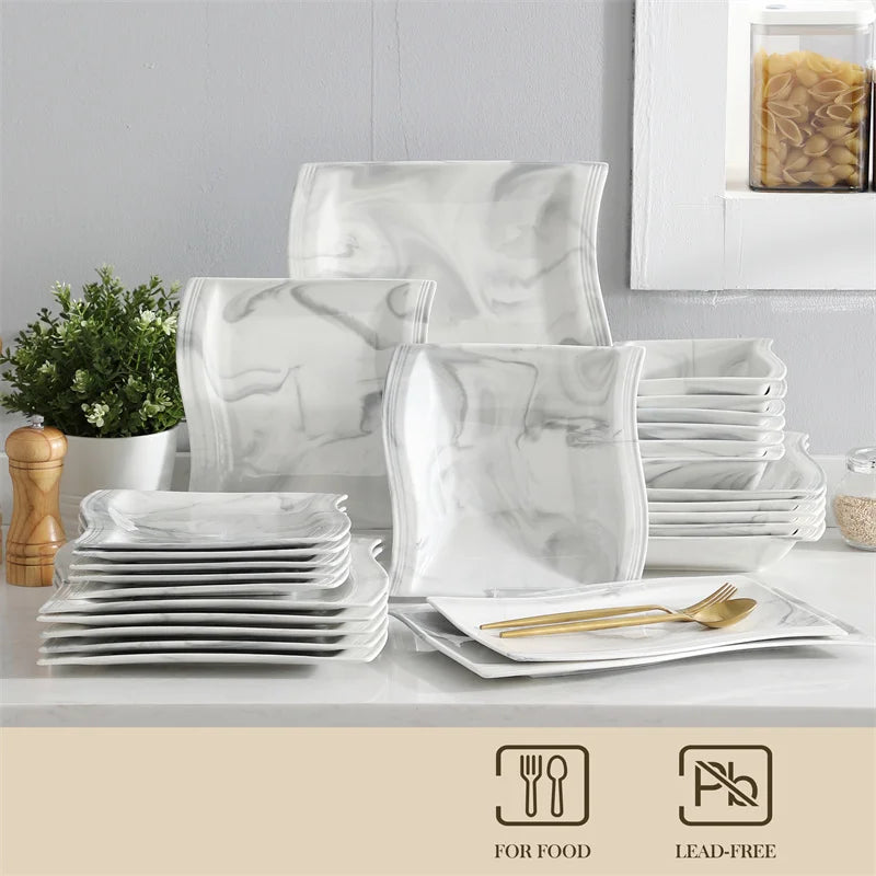 Nordic Marble Pattern Porcelain Plates and Bowls Square Dinnerware Set Ceramic