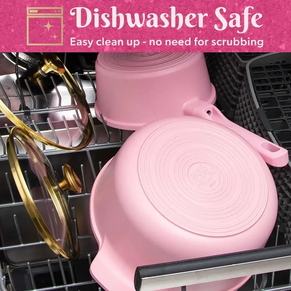 Heart Knob Aluminum Nonstick Cookware Set Pink Glass Lid Protectors