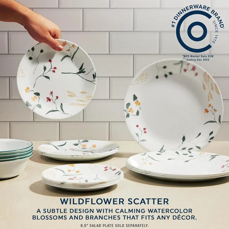 Glass Dinnerware Sets, Triple Layer Chip & Crack Resistant Glass Plate and Bowl Sets, Wildflower