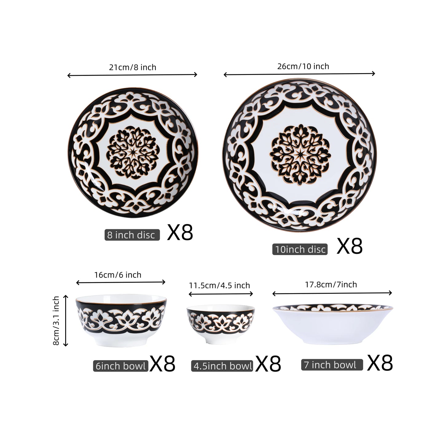 Black Patterns Ceramic Tableware Set Classic Porcelain Dinnerware Set Elegant Ceramic