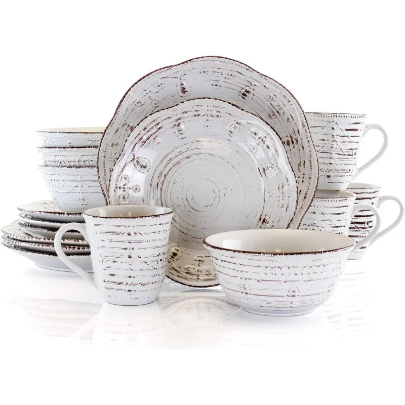 Rustic Birch 16 Piece Stoneware Dinnerware Set in Purple, Purple with Brown Accents