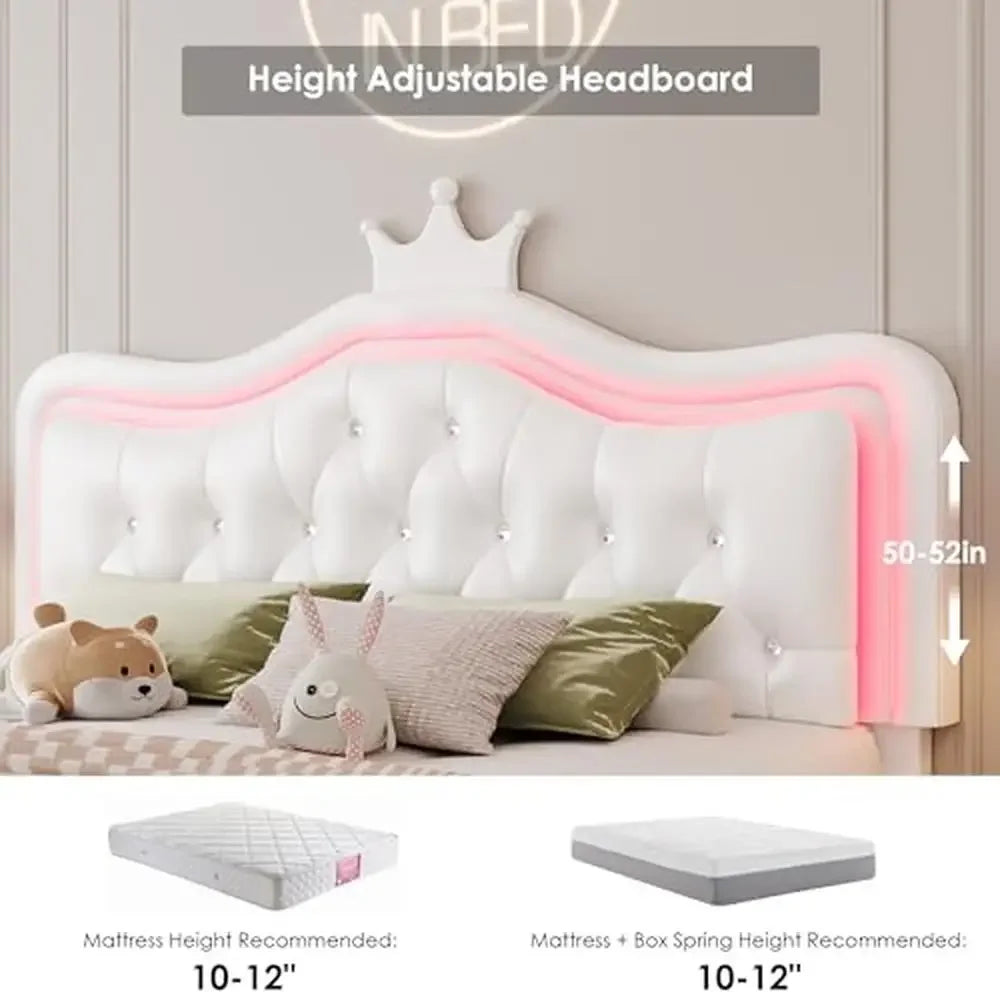 Queen Bed Frame with Storage Crown Crystal Button Tufted Princess Platform Modern White