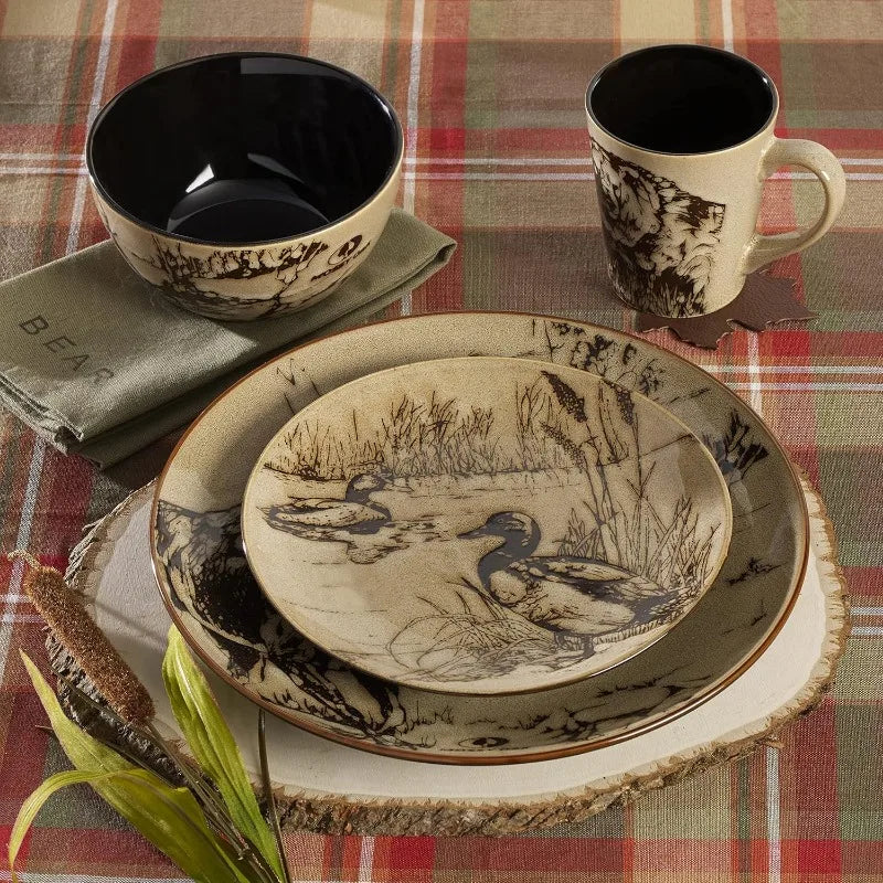 Animal Print 16 Piece Dinnerware Set, Black and Beige