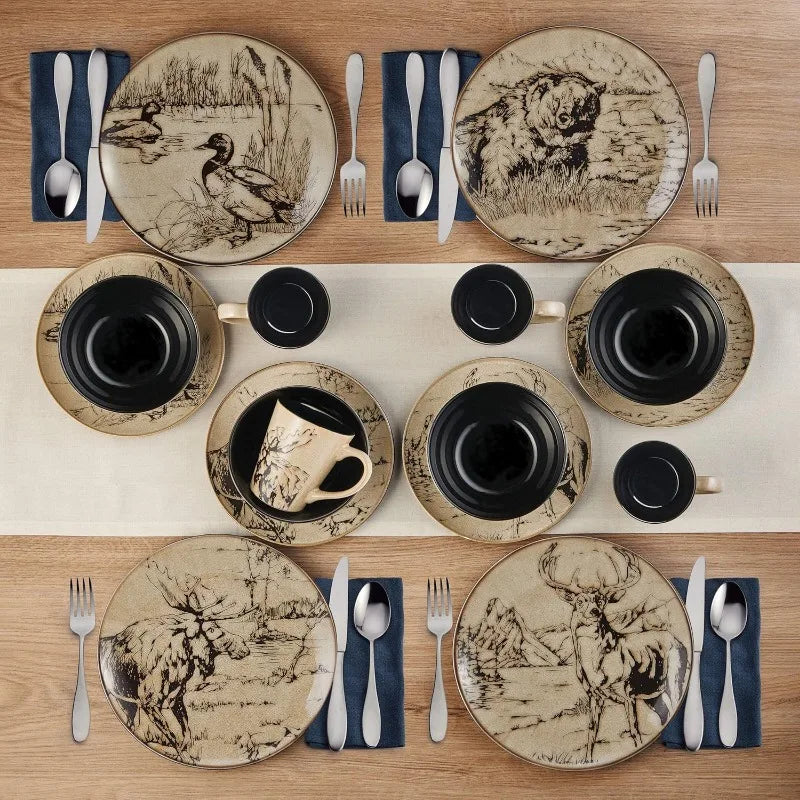 Animal Print 16 Piece Dinnerware Set, Black and Beige