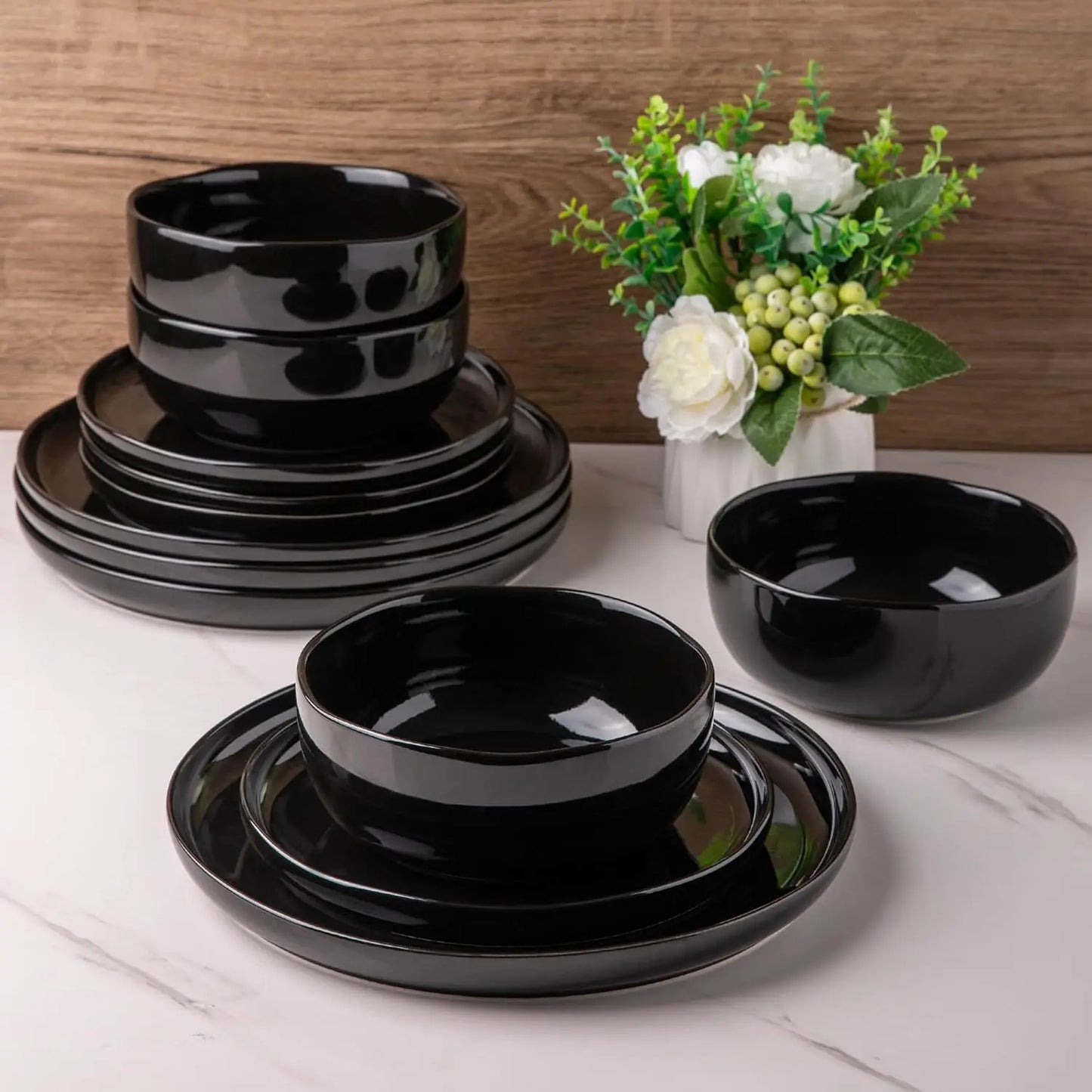 Ceramic Dinnerware Sets,Handcraft Wavy Rim Stoneware Plates and Bowls Sets,Crack Resistant