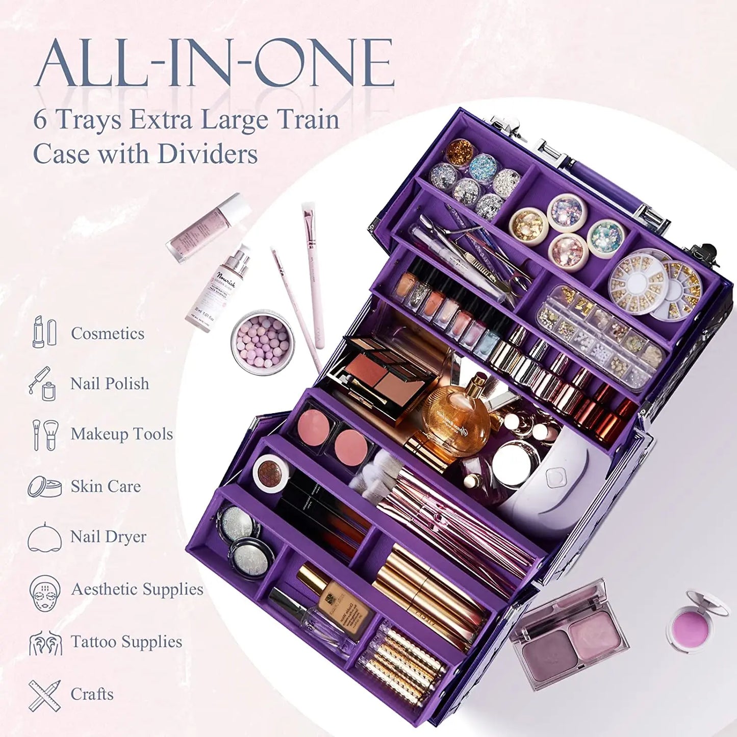Train Case Extra Large Organizer Box 6 Trays with Shoulder Strap Travel Make Up